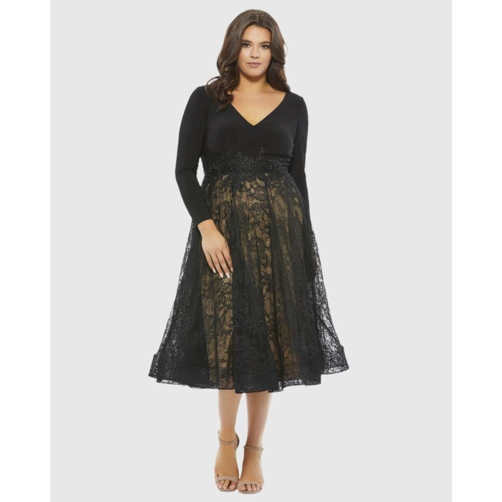 Mac Duggal Black Nude Jersey Lace Appliqué Sleeved Formal Midi Dress 24W NWOT